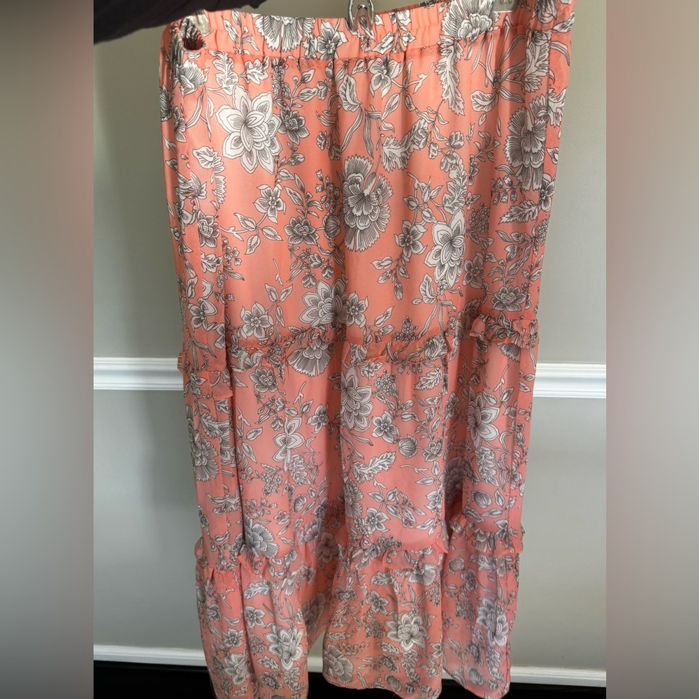 LOFT Coral and Gray Floral Maxi Skirt, NWT